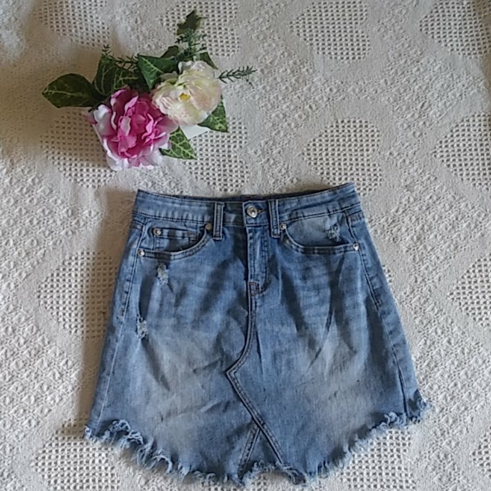 Fringed blue jean skirt